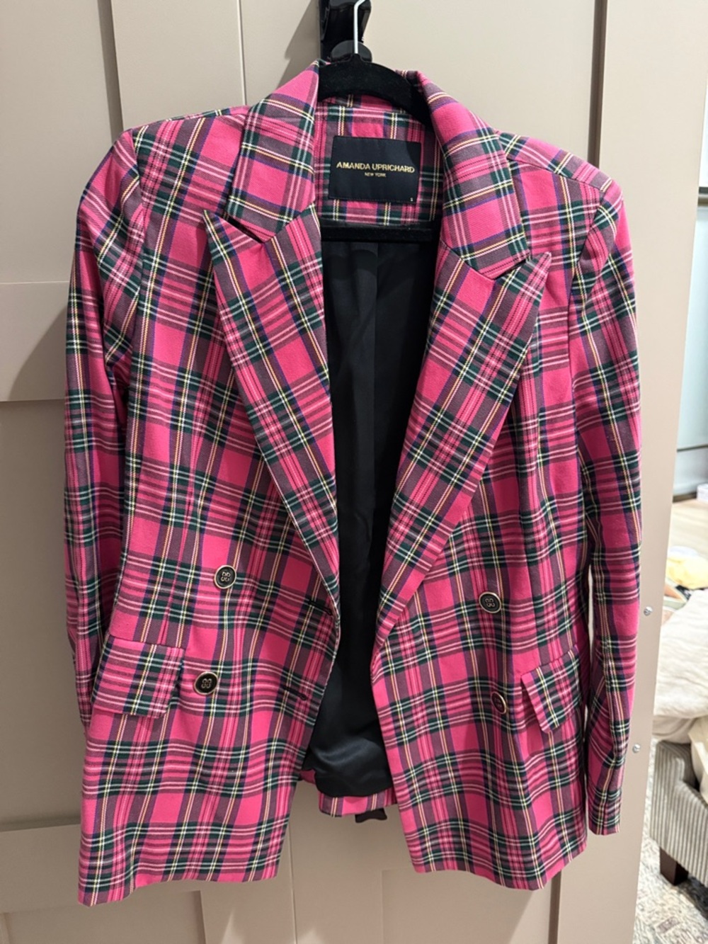 Amanda Uprichard Hot Pink Plaid Double-Breasted Blazer